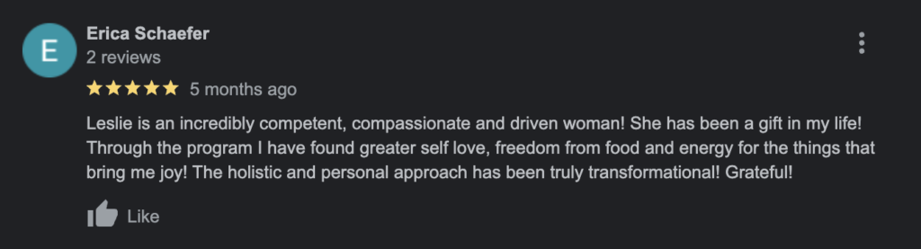Google review Erica weight loss coaching testimonial