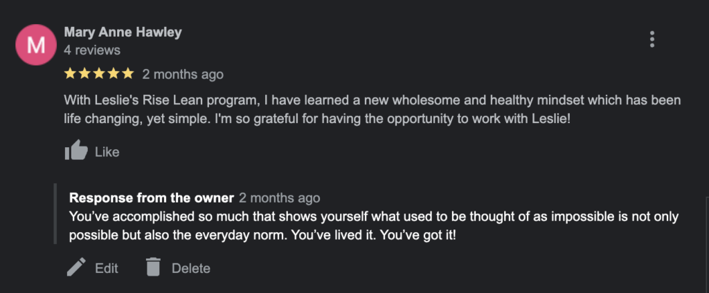 Google review Mary Anne weight loss coaching testimonial