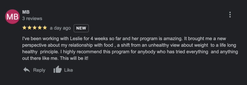 Google review Mine weight loss coaching testimonial