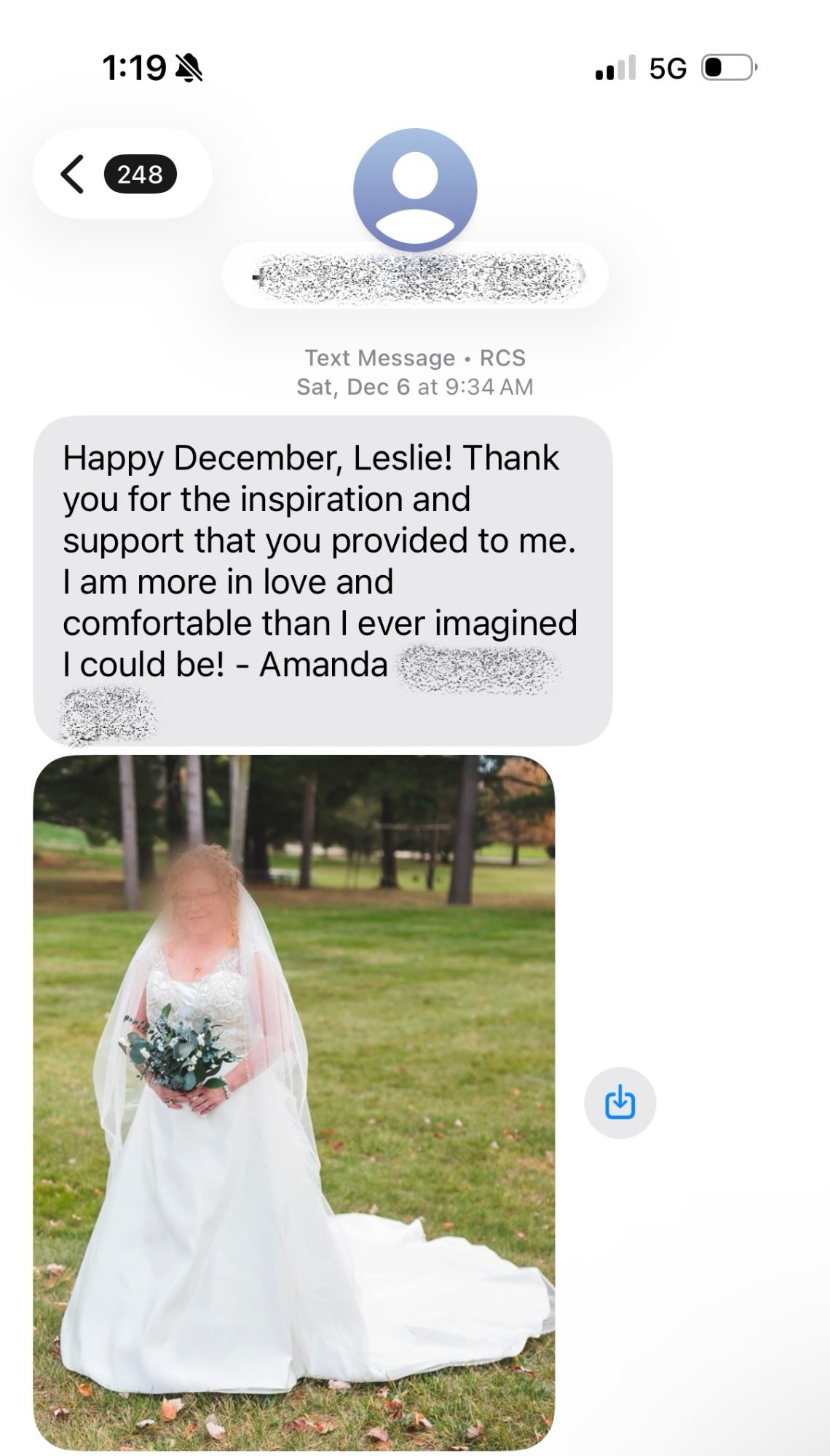 Amanda — wedding gown text message to Leslie